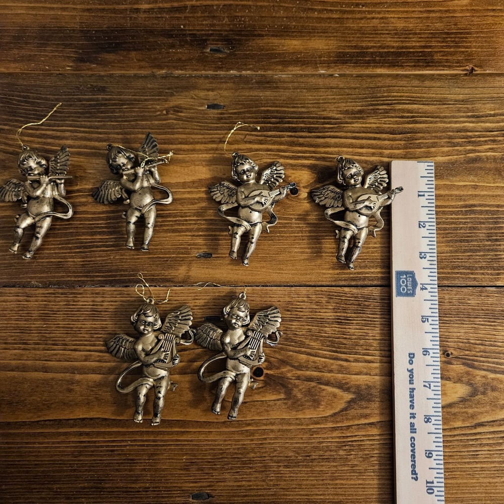 Vintage Cherub Angel Ornaments Set of 6 Gold Tone Musical Angels Christmas - Picture 6 of 7